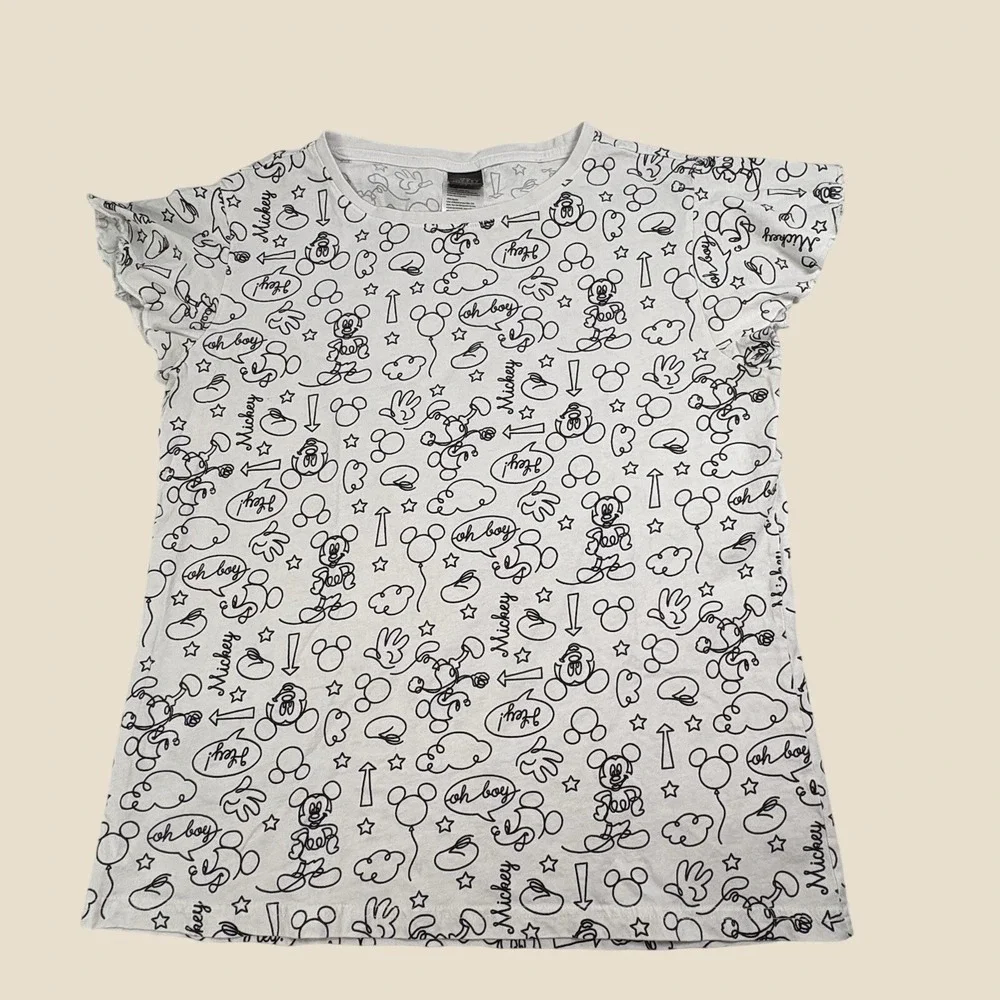 Disney Mickey T-Shirt White With Black Mickey Doodles Size‎ L Perfect For WDW
